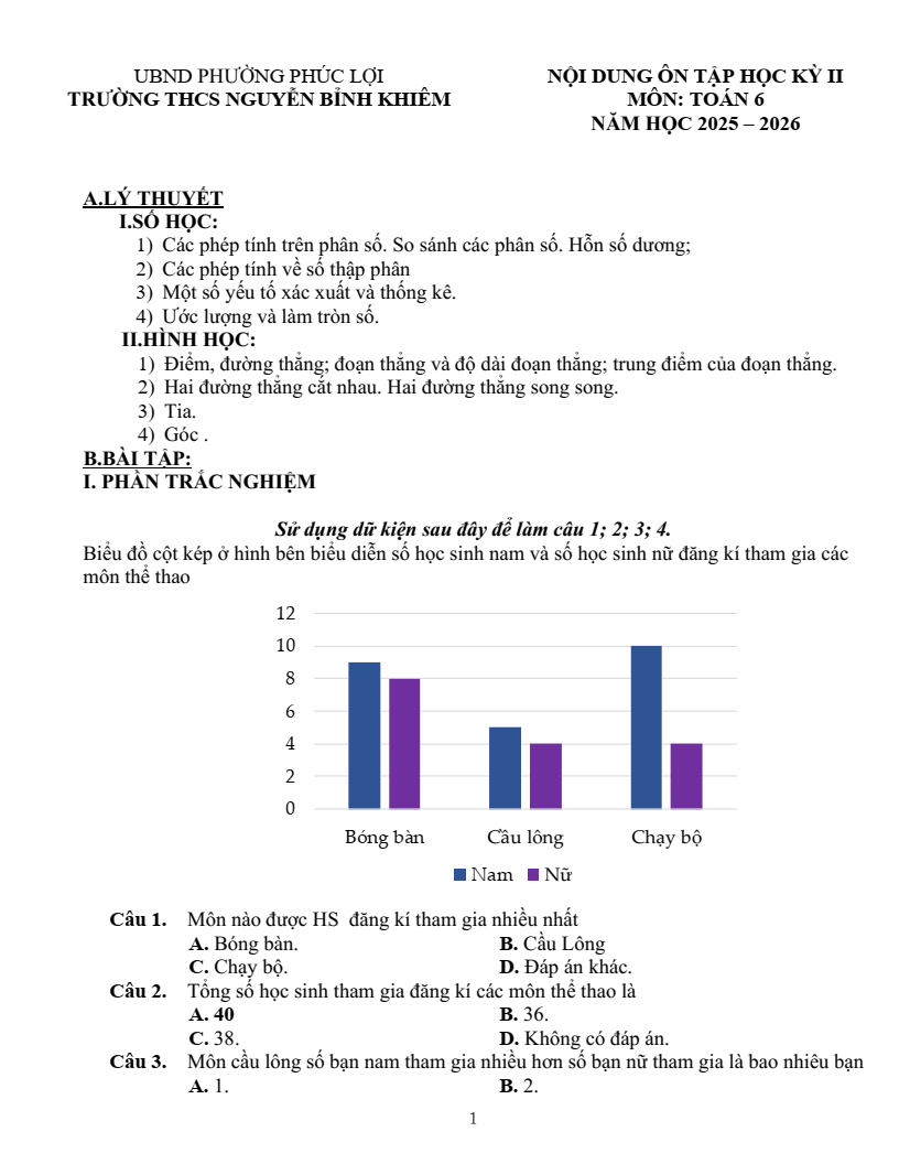 Đề cương ôn tập Học kì 2 Toán 6 trường THCS Nguyễn Bỉnh Khiêm (Hà Nội) năm 2025-2026