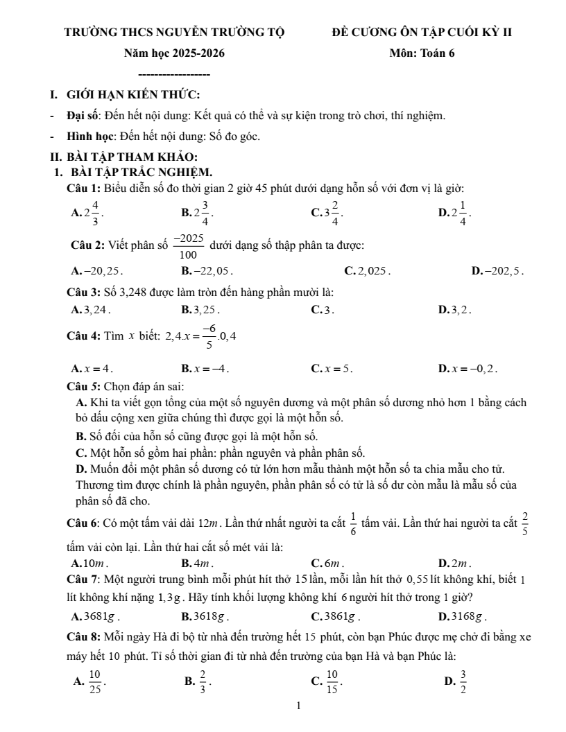 Đề cương ôn tập Học kì 2 Toán 6 trường THCS Nguyễn Trường Tộ (Hà Nội) năm 2025-2026