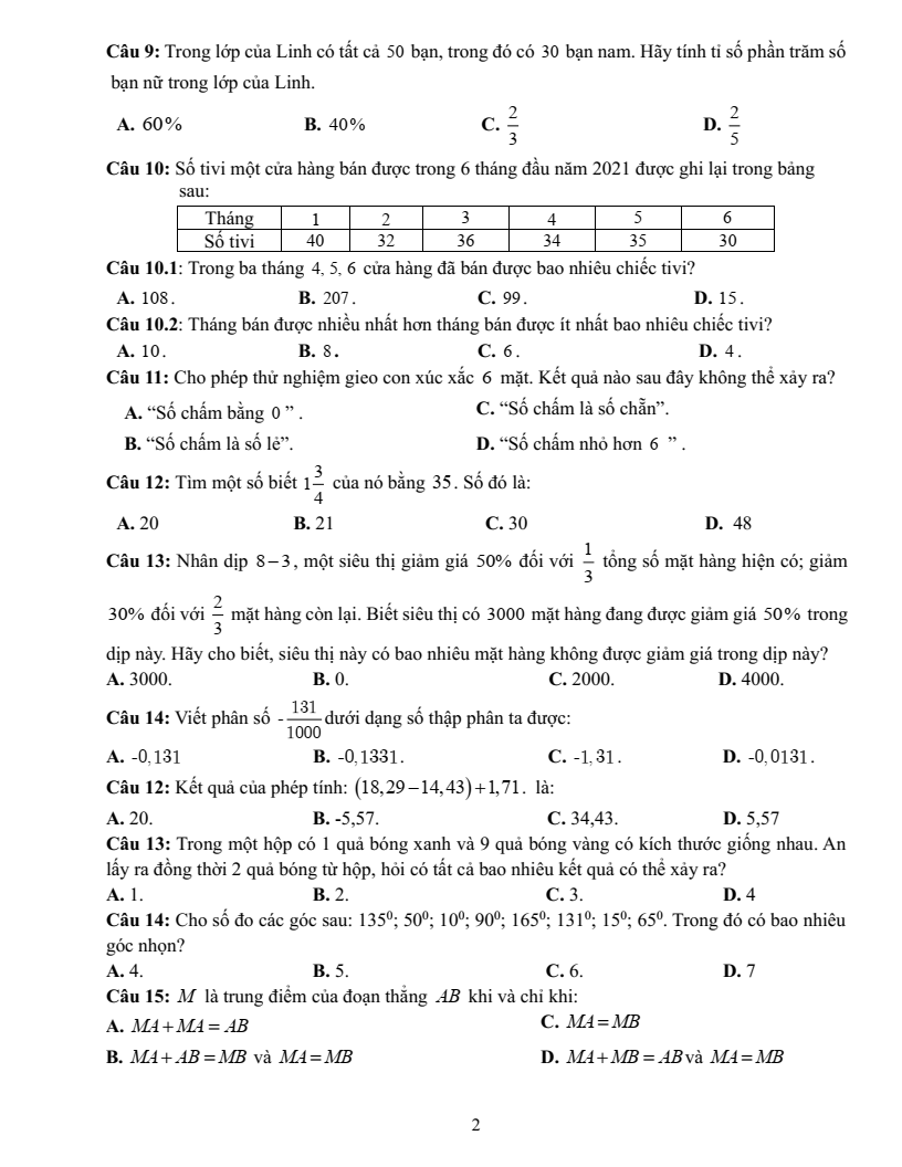 Đề cương ôn tập Học kì 2 Toán 6 trường THCS Nguyễn Trường Tộ (Hà Nội) năm 2025-2026
