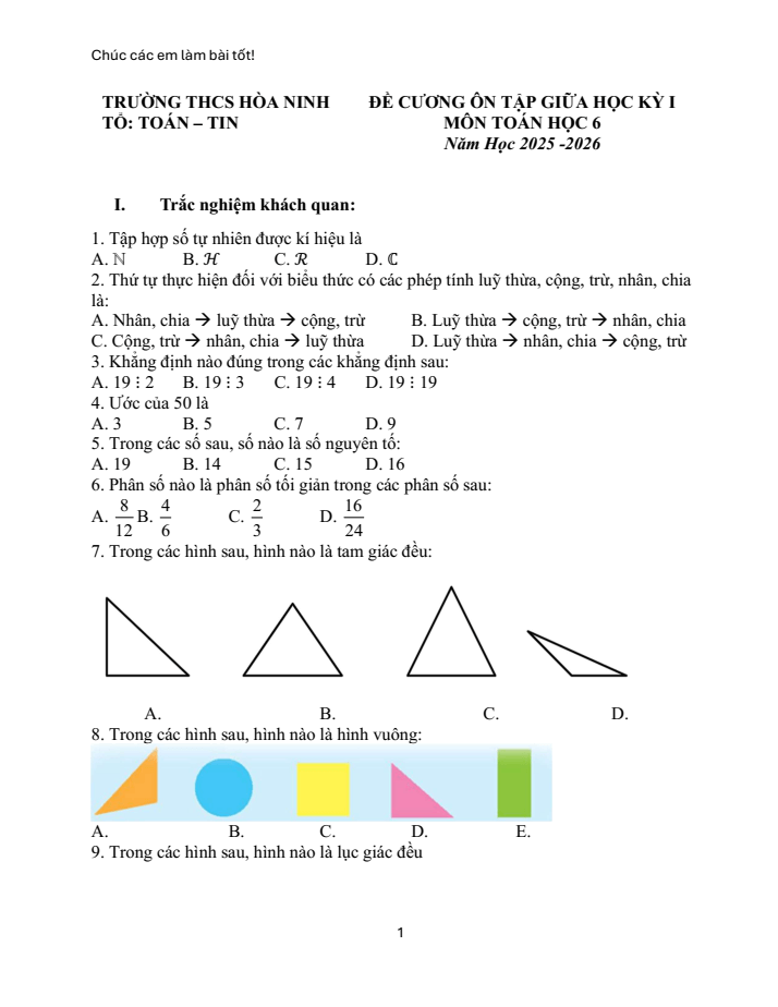 Đề cương ôn tập Giữa kì 1 Toán 6 trường THCS Hòa Ninh năm 2025-2026