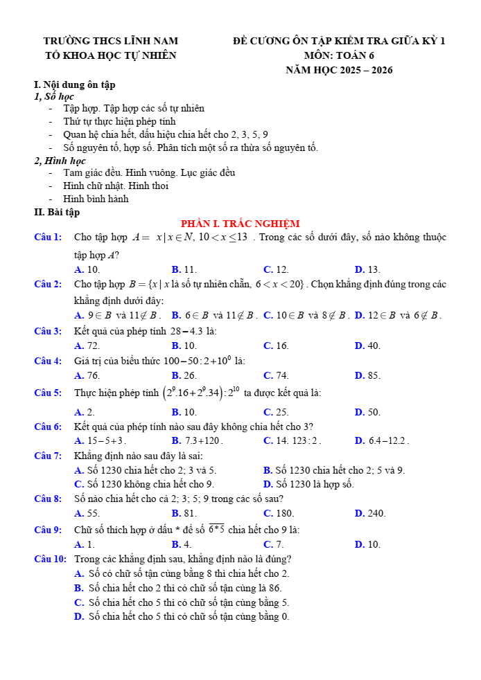 Đề cương ôn tập Giữa kì 1 Toán 6 trường THCS Lĩnh Nam năm 2025-2026