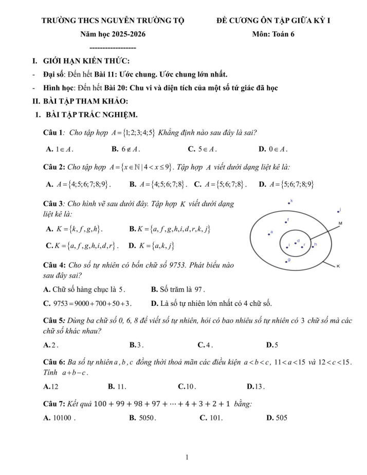 Đề cương ôn tập Giữa kì 1 Toán 6 trường THCS Nguyễn Trường Tộ năm 2025-2026