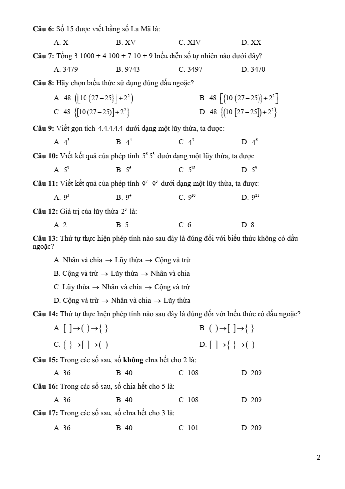 Đề cương ôn tập Giữa kì 1 Toán 6 trường THCS Phước Nguyên năm 2025-2026