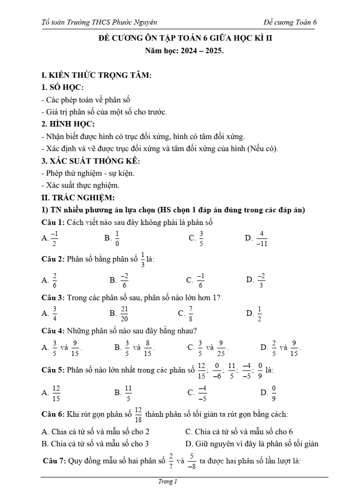 Đề cương ôn tập Giữa kì 2 Toán 6 trường THCS Phước Nguyên năm 2024-2025