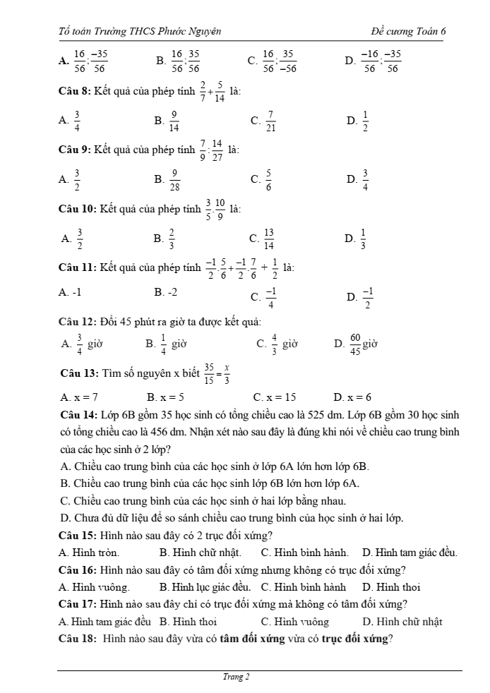 Đề cương ôn tập Giữa kì 2 Toán 6 trường THCS Phước Nguyên năm 2024-2025
