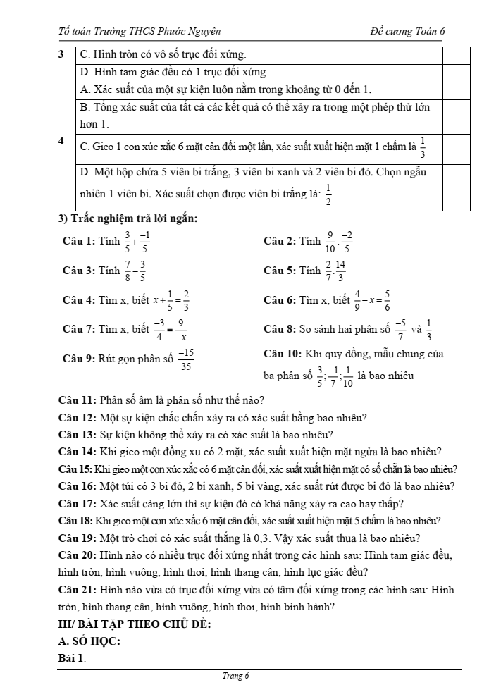 Đề cương ôn tập Giữa kì 2 Toán 6 trường THCS Phước Nguyên năm 2024-2025