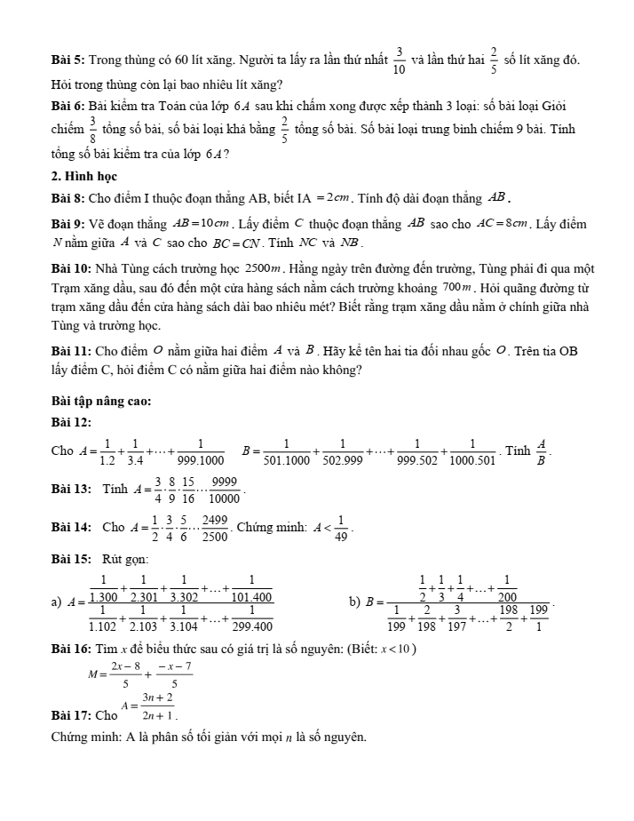 Đề cương ôn tập Giữa kì 2 Toán 6 trường THCS Thăng Long năm 2024-2025