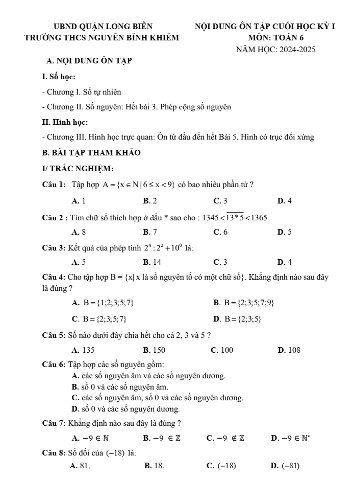 Đề cương ôn tập Học kì 1 Toán 6 trường THCS Nguyễn Bỉnh Khiêm năm 2024-2025