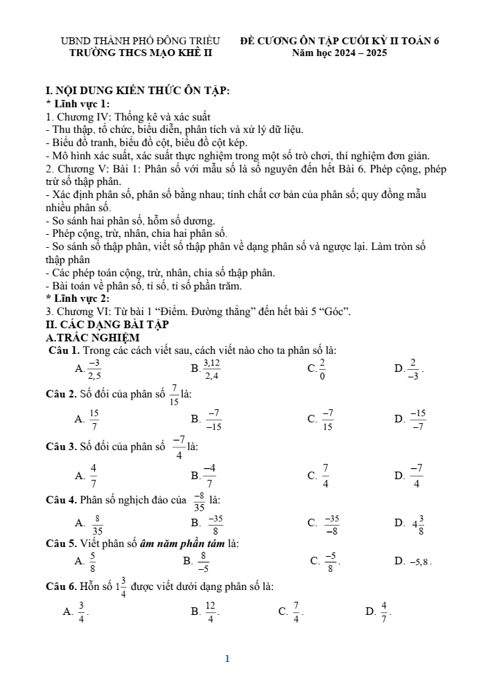 Đề cương ôn tập Học kì 2 Toán 6 trường THCS Mạo Khê II năm 2024-2025