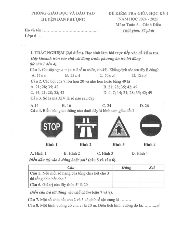 Đề thi Giữa kì 1 Toán 6 năm 2024-2025 phòng GD&ĐT Đan Phượng Hà Nội