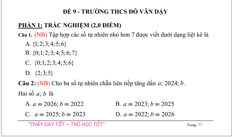 Đề thi Giữa kì 1 Toán 6 năm 2024-2025 Trường THCS Đỗ Văn Dậy