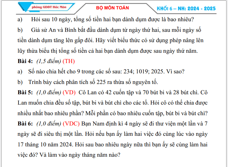 Đề thi Giữa kì 1 Toán 6 năm 2024-2025 Trường THCS Đặng Thúc Vịnh