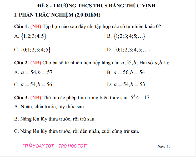 Đề thi Giữa kì 1 Toán 6 năm 2024-2025 Trường THCS Đặng Thúc Vịnh