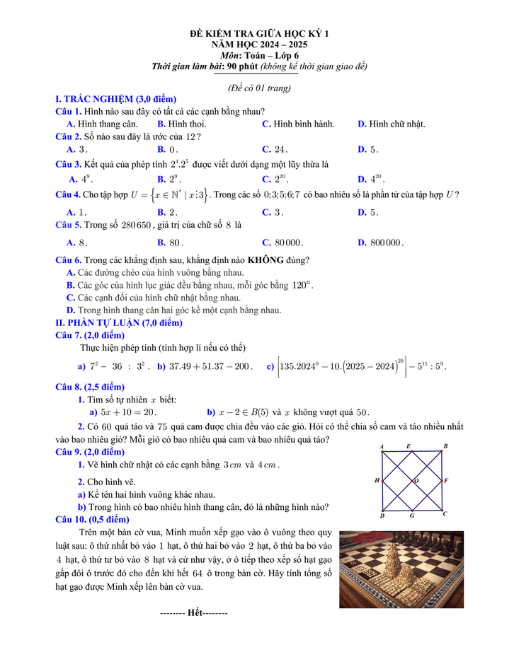 Đề thi Giữa kì 1 Toán 6 năm 2024-2025 sở GD&ĐT Bắc Ninh