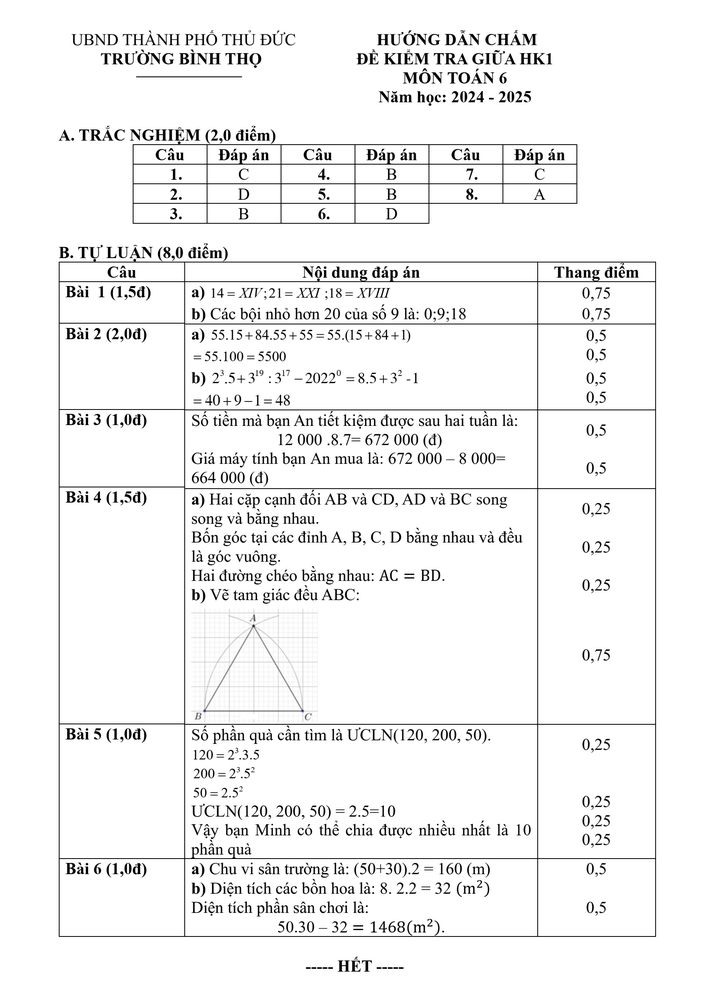 Đề thi Giữa kì 1 Toán 6 năm 2024-2025 Trường THCS Bình Thọ (Tp.HCM)