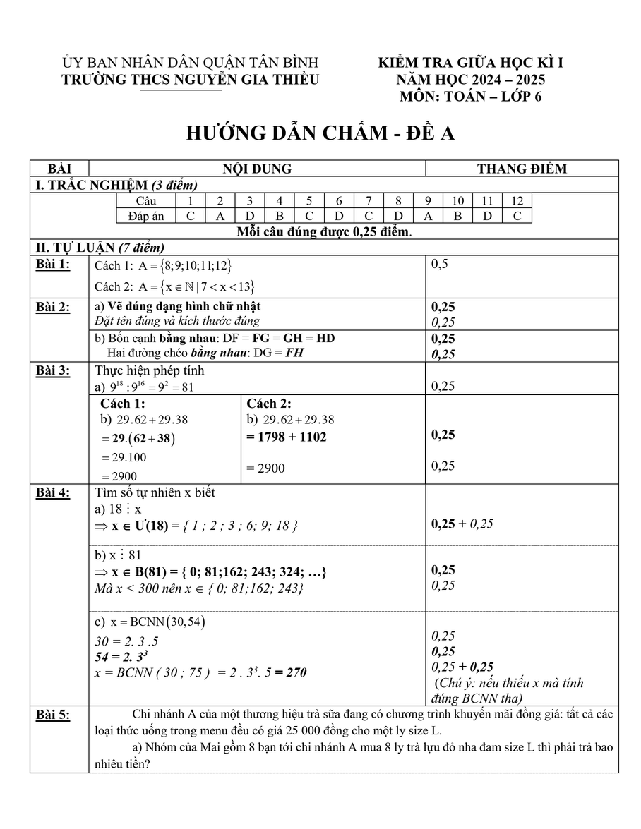 Đề thi Giữa kì 1 Toán 6 năm 2024-2025 trường THCS Nguyễn Gia Thiều - TPHCM