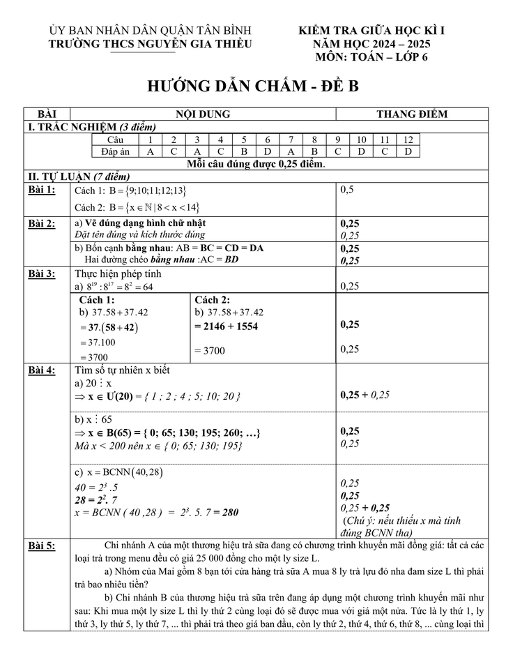 Đề thi Giữa kì 1 Toán 6 năm 2024-2025 trường THCS Nguyễn Gia Thiều - TPHCM