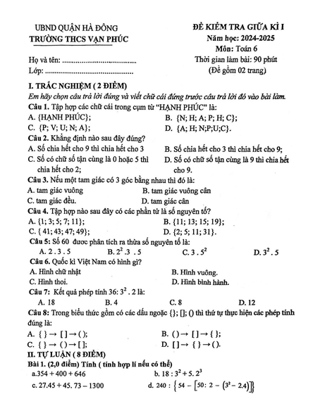 Đề thi Giữa kì 1 Toán 6 năm 2024-2025 trường THCS Vạn Phúc - Hà Nội