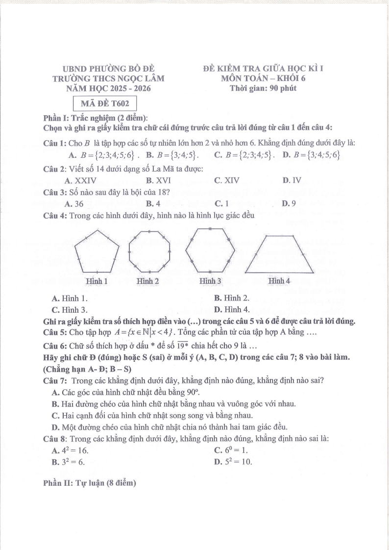 Đề thi Giữa kì 1 Toán 6 THCS Ngọc Lâm năm 2025-2026