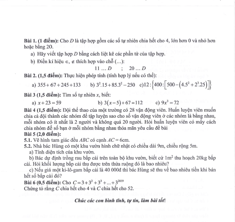 Đề thi Giữa kì 1 Toán 6 THCS Ngọc Lâm năm 2025-2026