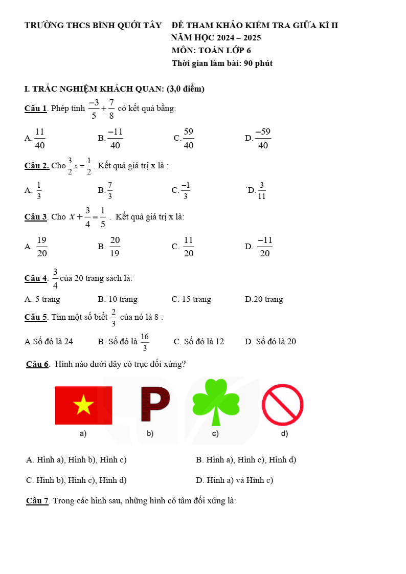 Đề thi Giữa kì 2 Toán 6 phòng GD&ĐT Bình Thạnh (Tp.HCM) năm 2024-2025