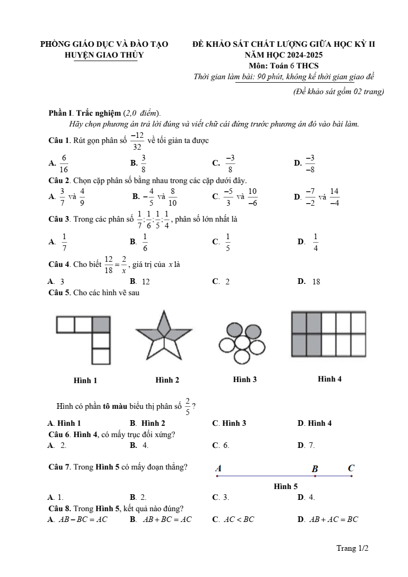 Đề thi Giữa kì 2 Toán 6 phòng GD&ĐT Giao Thủy (Nam Định) năm 2024-2025