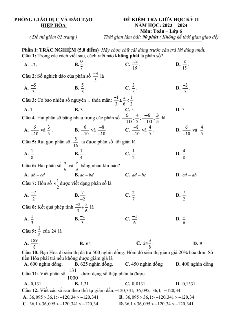 Đề thi Giữa kì 2 Toán 6 phòng GD&ĐT Hiệp Hòa (Bắc Giang) năm 2023-2024