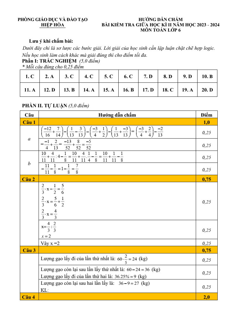 Đề thi Giữa kì 2 Toán 6 phòng GD&ĐT Hiệp Hòa (Bắc Giang) năm 2023-2024