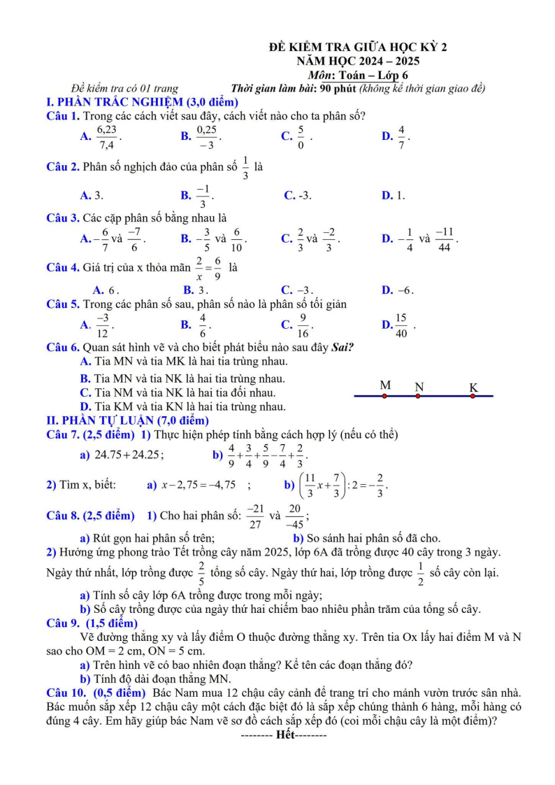 Đề thi Giữa kì 2 Toán 6 phòng GD&ĐT Lương Tài (Bắc Ninh) năm 2024-2025