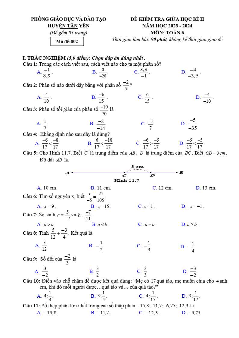 Đề thi Giữa kì 2 Toán 6 phòng GD&ĐT Tân Yên (Bắc Giang) năm 2023-2024