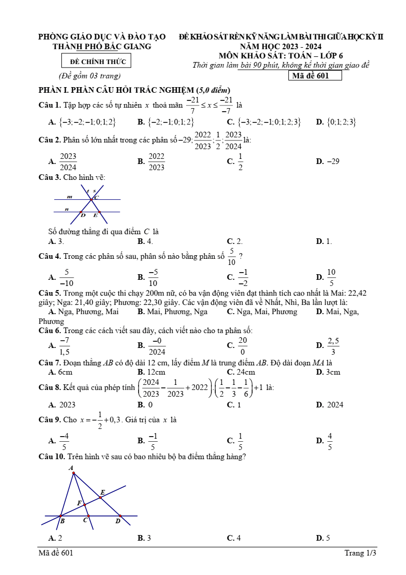 Đề thi Giữa kì 2 Toán 6 phòng GD&ĐT thành phố Bắc Giang năm 2023-2024