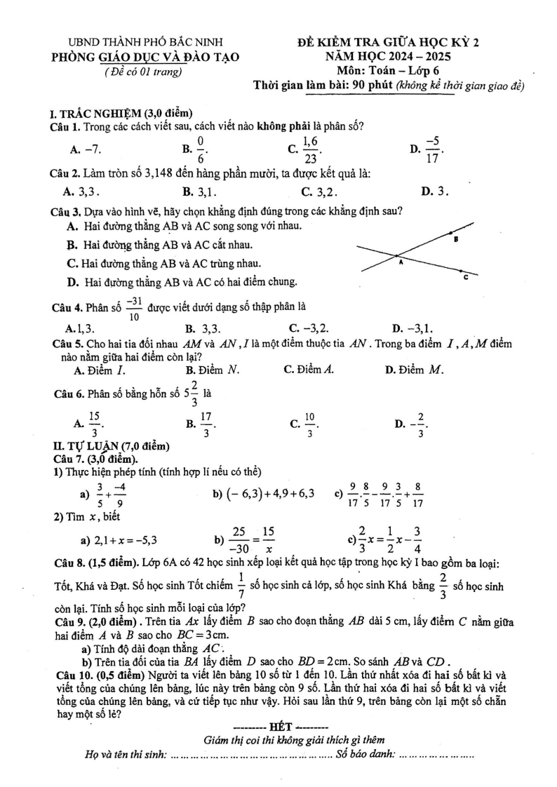 Đề thi Giữa kì 2 Toán 6 phòng GD&ĐT thành phố Bắc Ninh năm 2024-2025