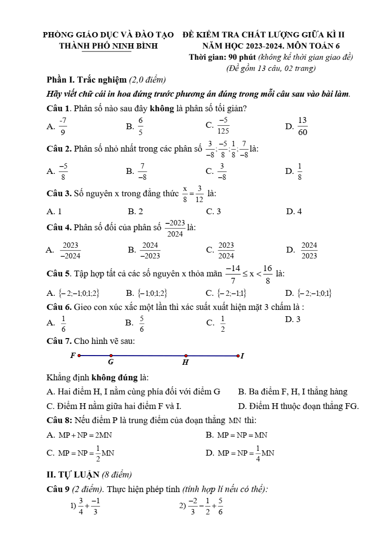 Đề thi Giữa kì 2 Toán 6 phòng GD&ĐT thành phố Ninh Bình năm 2023-2024