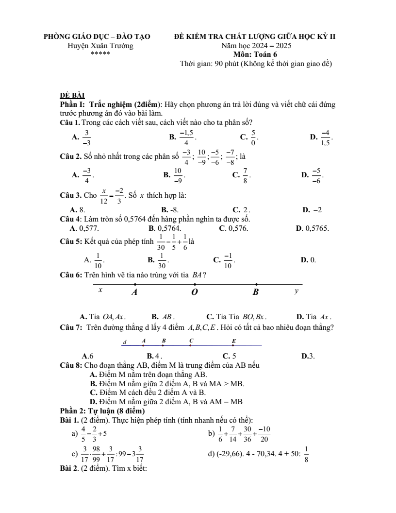Đề thi Giữa kì 2 Toán 6 phòng GD&ĐT Xuân Trường (Nam Định) năm 2024-2025