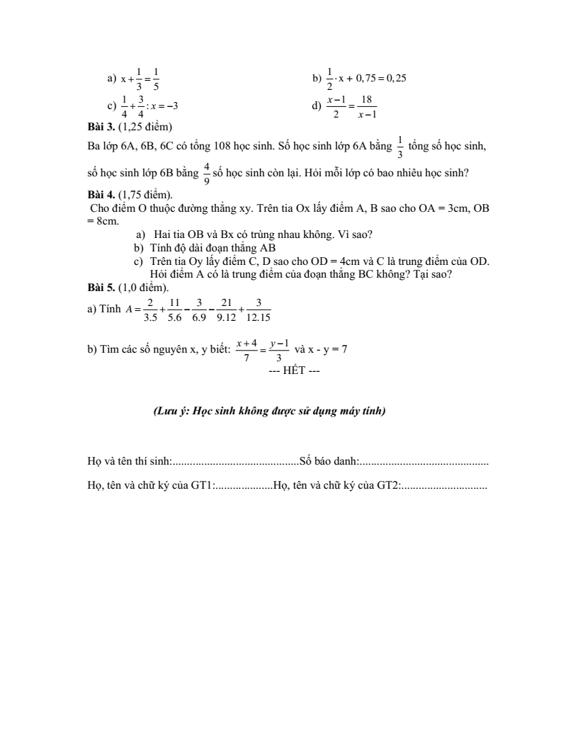 Đề thi Giữa kì 2 Toán 6 phòng GD&ĐT Xuân Trường (Nam Định) năm 2024-2025
