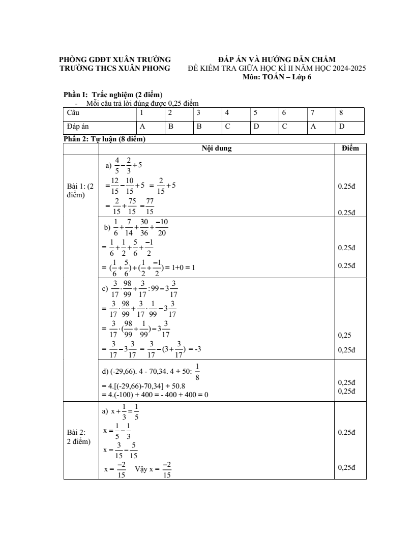 Đề thi Giữa kì 2 Toán 6 phòng GD&ĐT Xuân Trường (Nam Định) năm 2024-2025