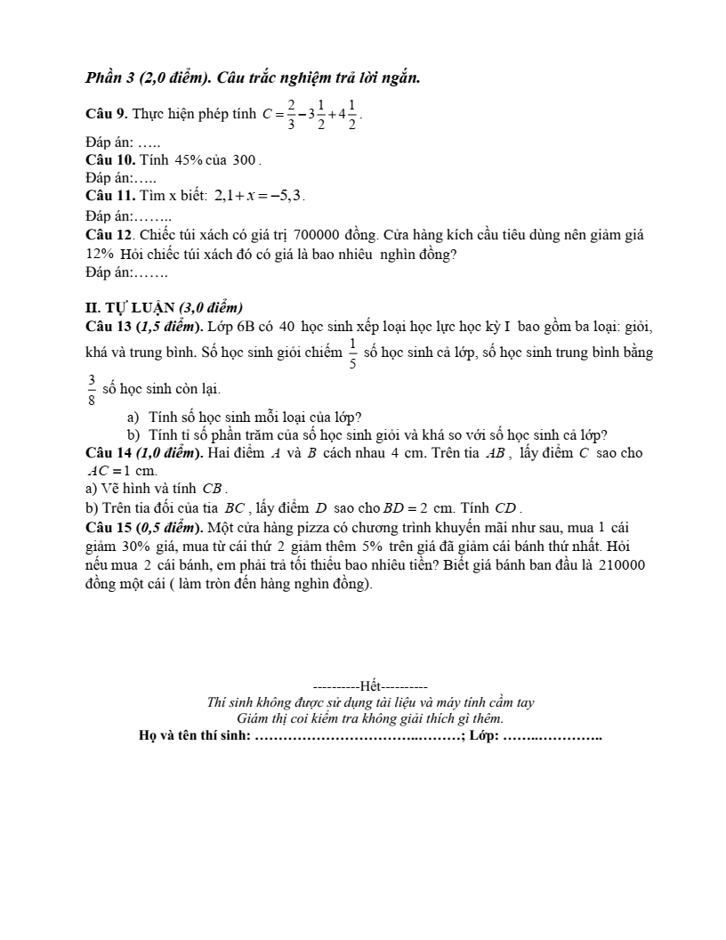 Đề thi Giữa kì 2 Toán 6 trường TH&THCS Quất Lưu (Vĩnh Phúc) năm 2024-2025