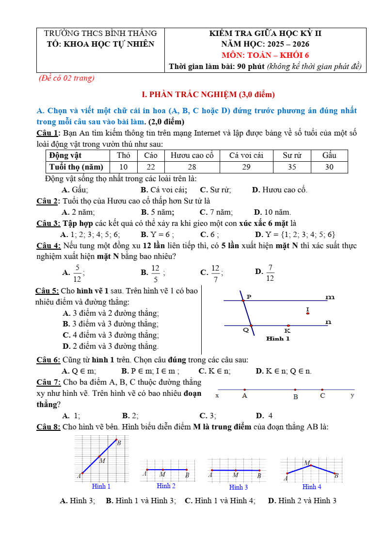 Đề thi Giữa kì 2 Toán 6 trường THCS Bình Thắng (Vĩnh Long) năm 2025-2026