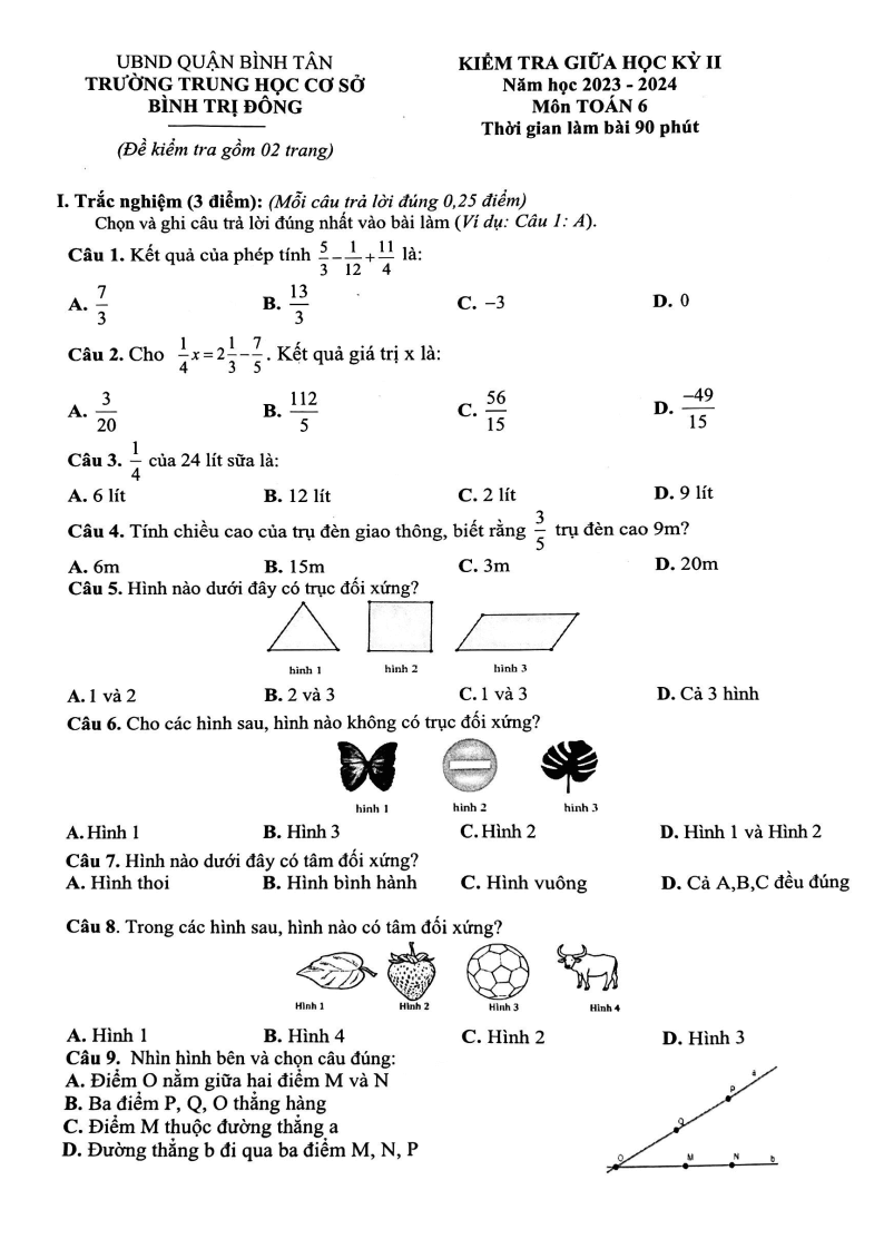 Đề thi Giữa kì 2 Toán 6 trường THCS Bình Trị Đông (Tp.HCM) năm 2023-2024