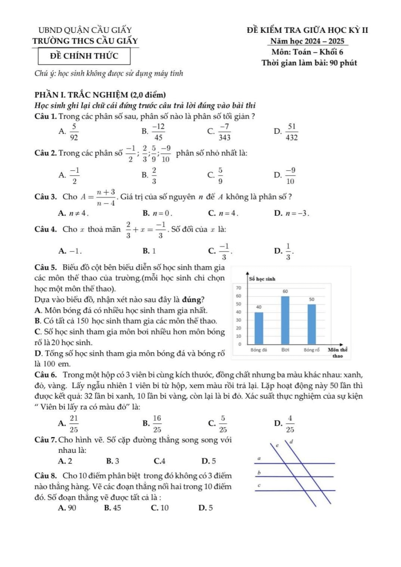 Đề thi Giữa kì 2 Toán 6 trường THCS Cầu Giấy (Hà Nội) năm 2024-2025
