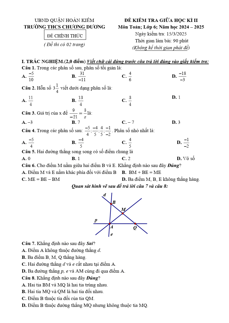 Đề thi Giữa kì 2 Toán 6 trường THCS Chương Dương (Hà Nội) năm 2024-2025