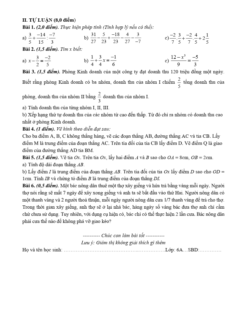 Đề thi Giữa kì 2 Toán 6 trường THCS Chương Dương (Hà Nội) năm 2024-2025
