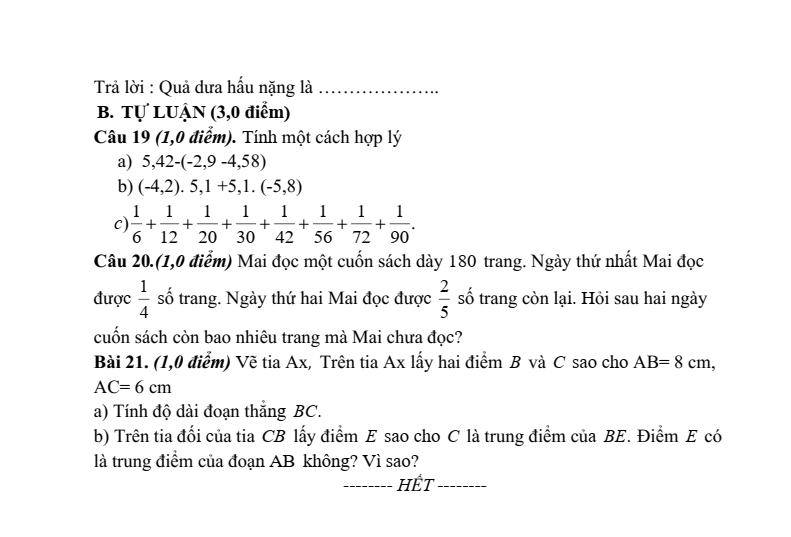 Đề thi Giữa kì 2 Toán 6 trường THCS Động Đạt I (Thái Nguyên) năm 2025-2026
