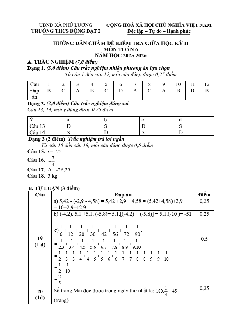 Đề thi Giữa kì 2 Toán 6 trường THCS Động Đạt I (Thái Nguyên) năm 2025-2026