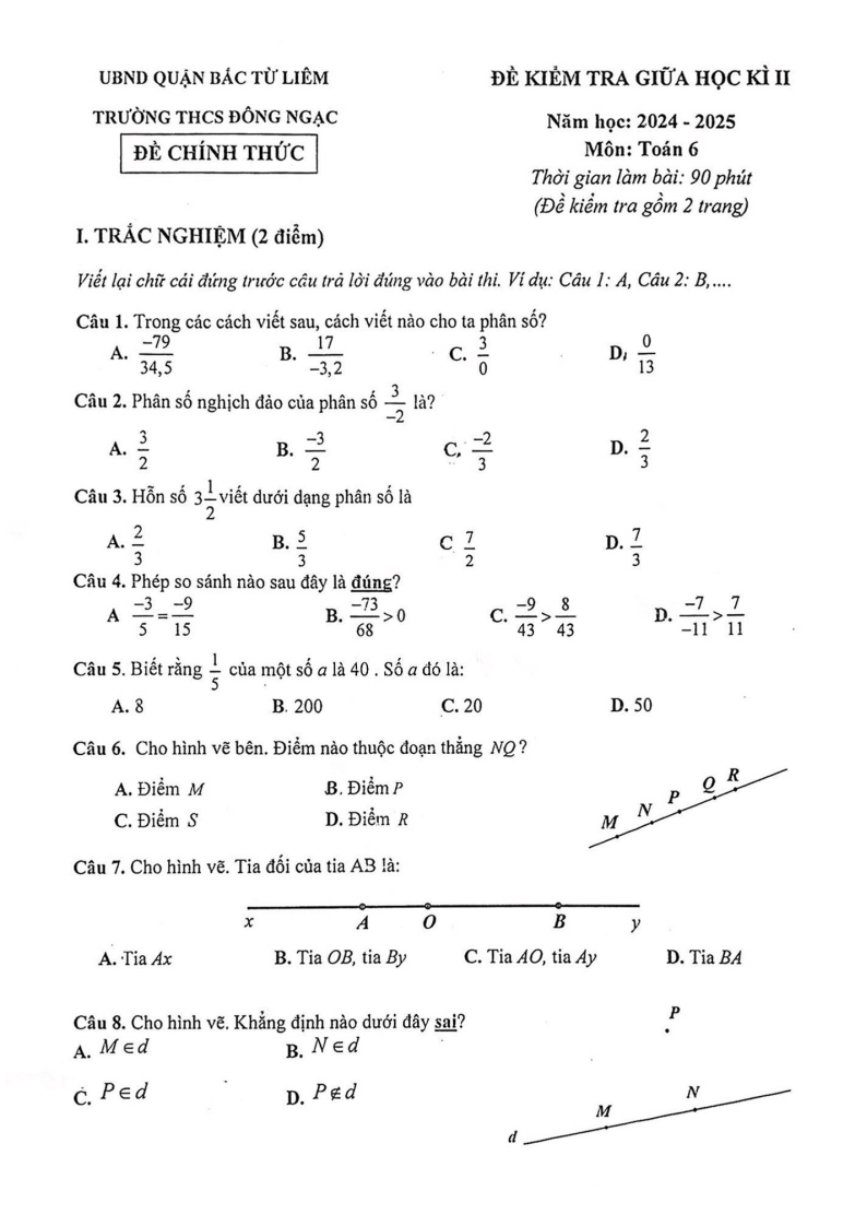 Đề thi Giữa kì 2 Toán 6 trường THCS Đông Ngạc (Hà Nội) năm 2024-2025