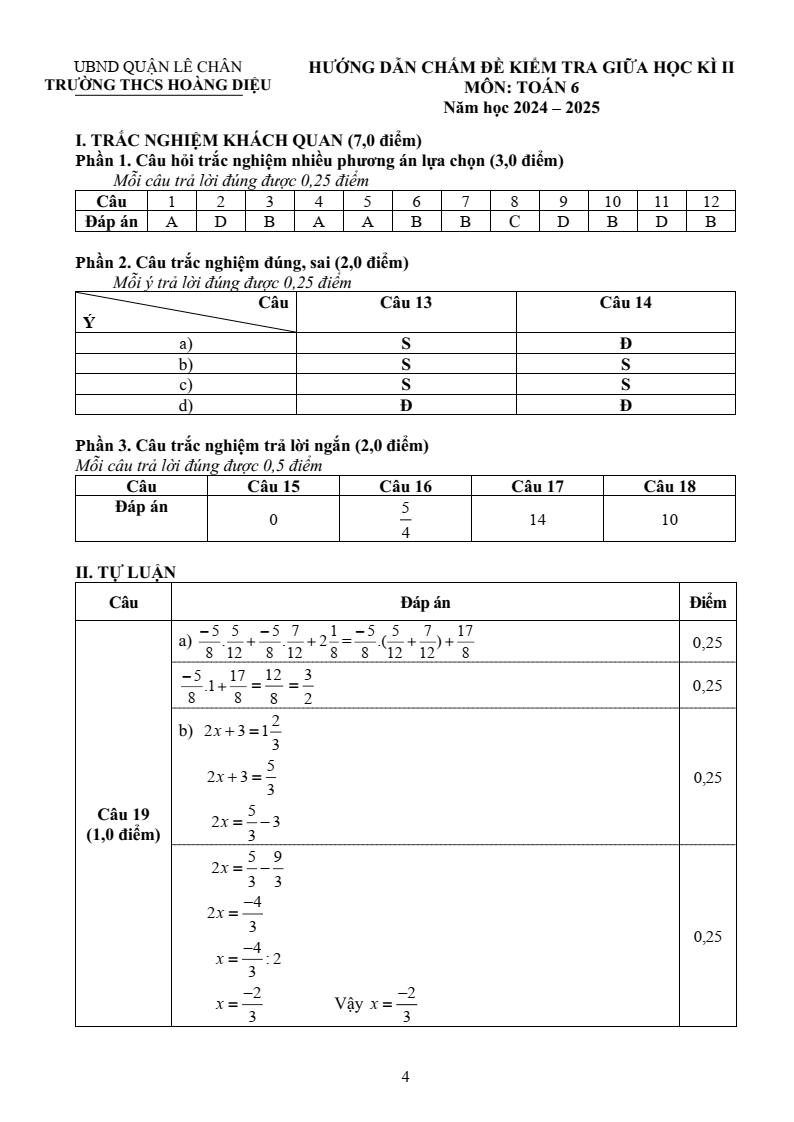 Đề thi Giữa kì 2 Toán 6 trường THCS Hoàng Diệu (Hải Phòng) năm 2024-2025