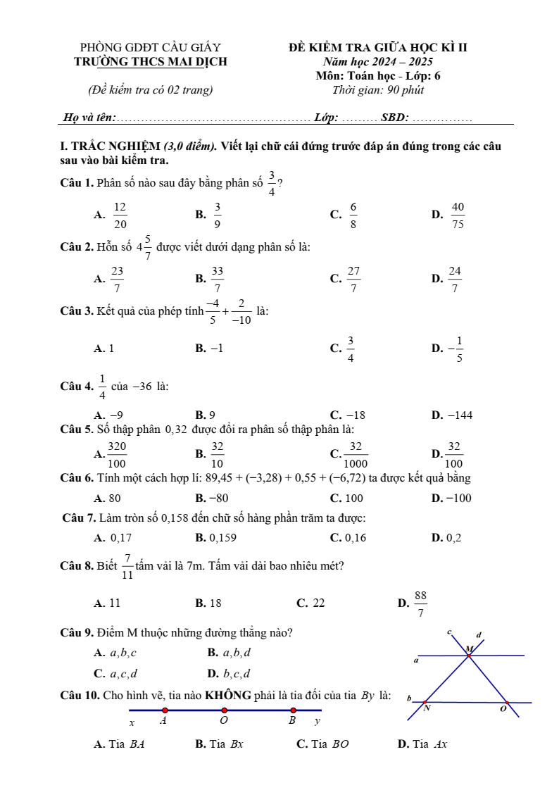 Đề thi Giữa kì 2 Toán 6 trường THCS Mai Dịch (Hà Nội) năm 2024-2025