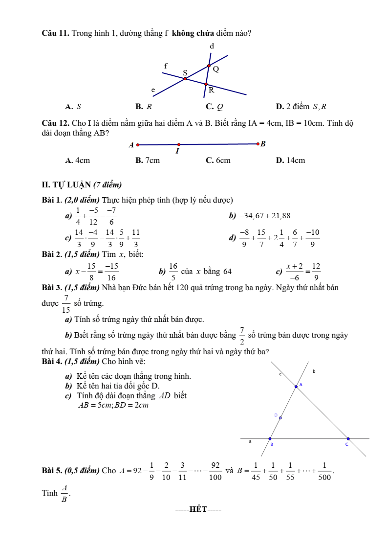 Đề thi Giữa kì 2 Toán 6 trường THCS Mai Dịch (Hà Nội) năm 2024-2025
