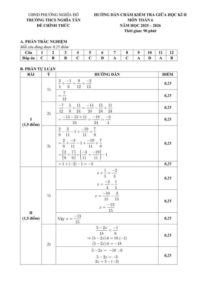 Đề thi Giữa kì 2 Toán 6 trường THCS Nghĩa Tân (Hà Nội) năm 2025-2026