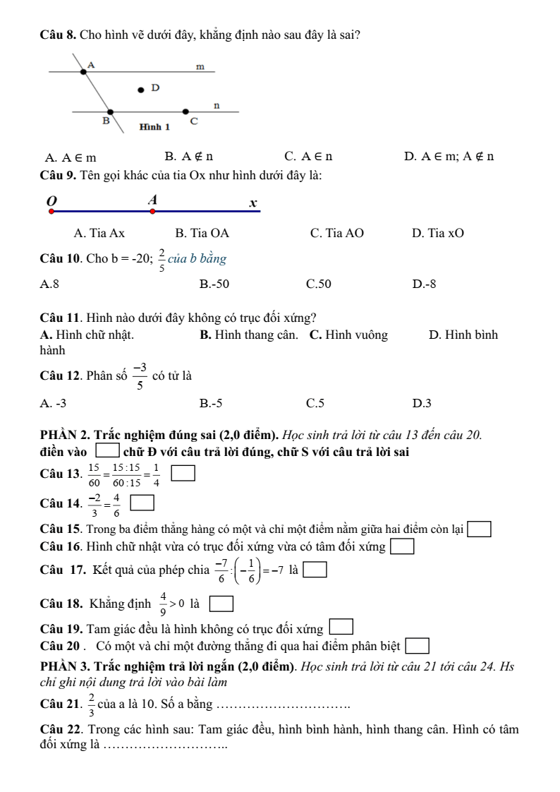 Đề thi Giữa kì 2 Toán 6 trường THCS Nguyễn Huệ (Bà Rịa - Vũng Tàu) năm 2024-2025